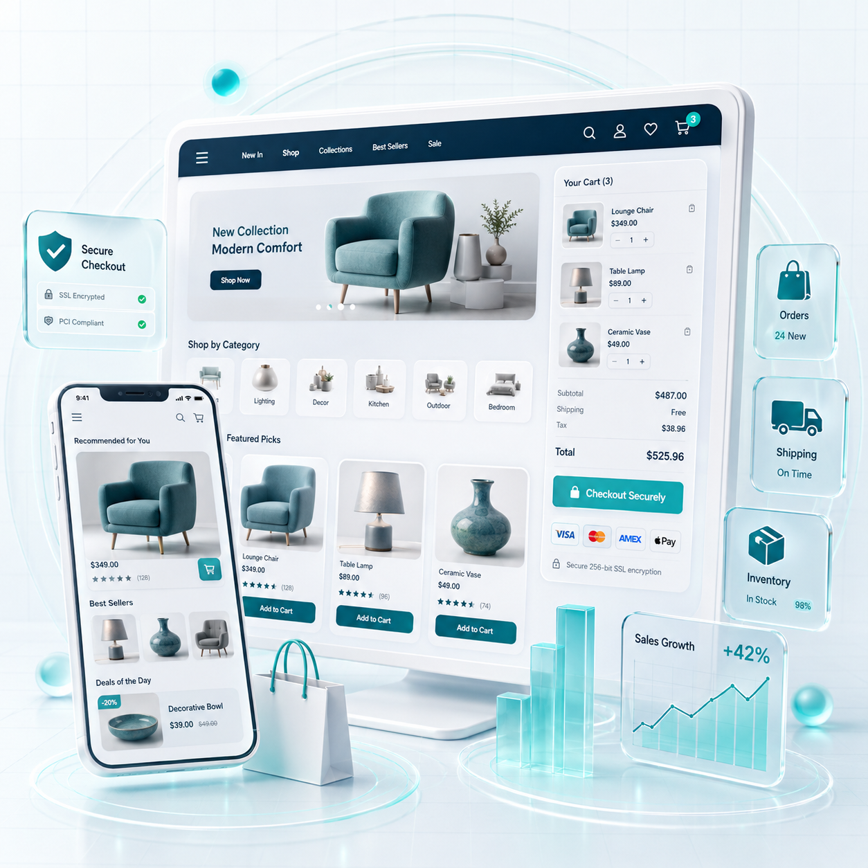 Brand Web Architech e-commerce website with product catalogue, secure checkout, mobile shopping, orders and shipping