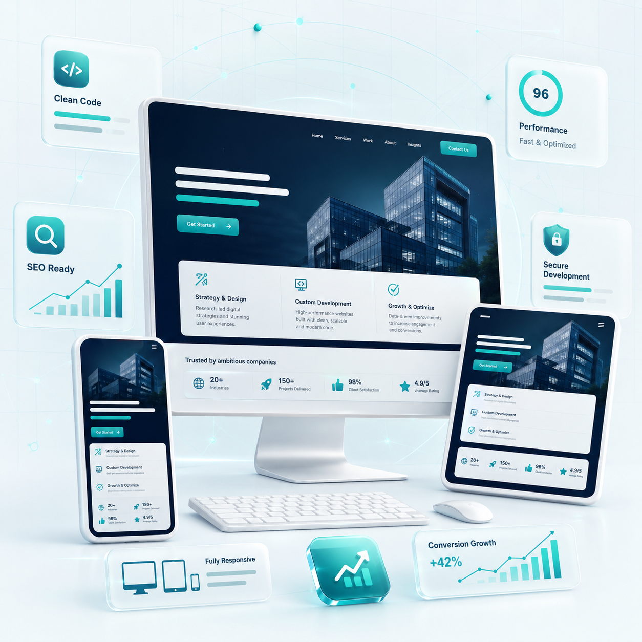 Brand Web Architech responsive website development shown on desktop, tablet and mobile with SEO, security and performance