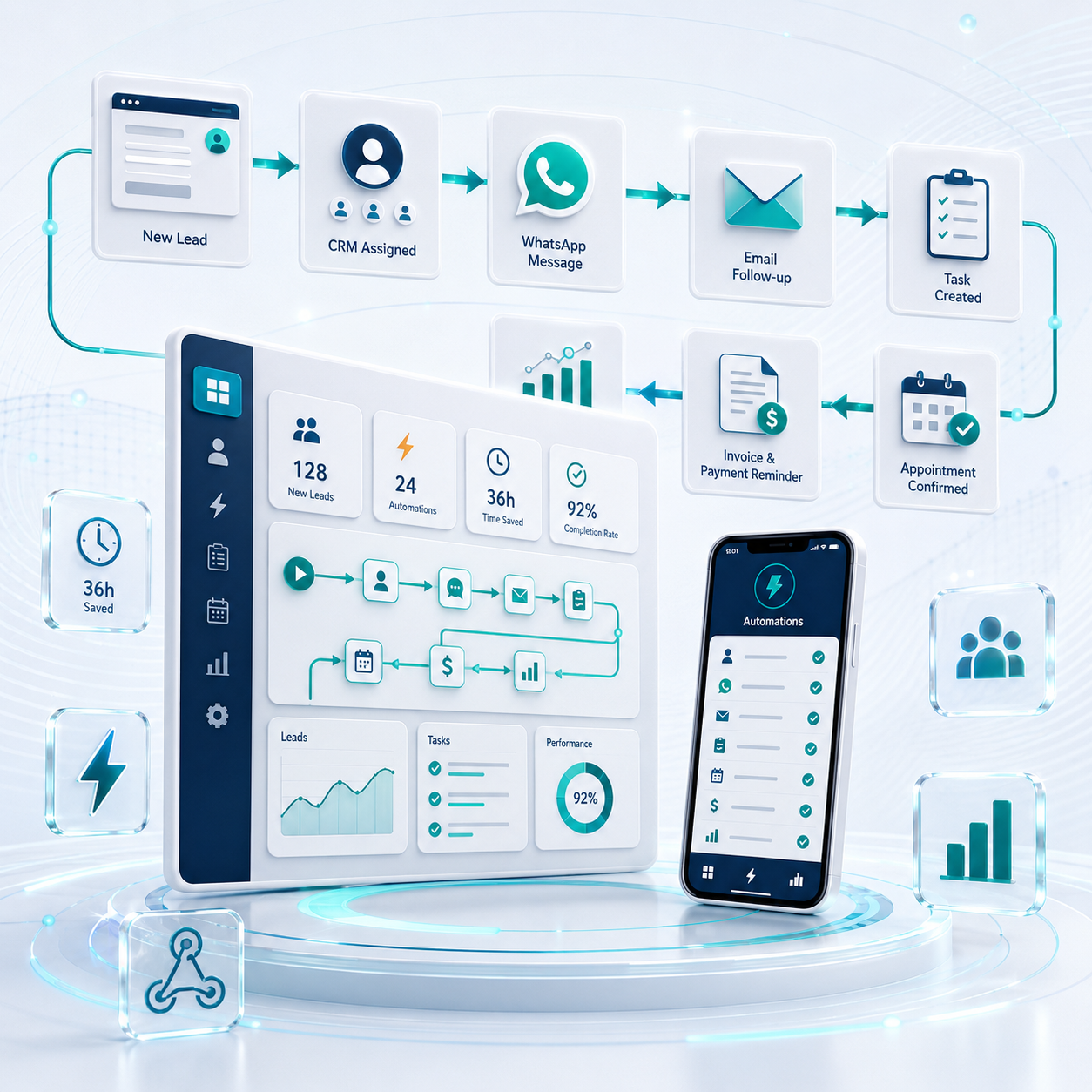 Brand Web Architech business automation dashboard connecting CRM, WhatsApp, email, tasks, appointments and reporting