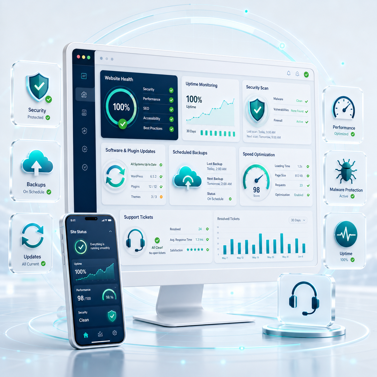 Brand Web Architech website maintenance dashboard showing security, backups, updates, speed optimization, uptime and technical support